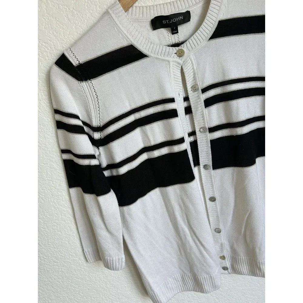 St. John Striped‎ Button Cardigan Sweater White/Black Size S (P) Cashmere Blend